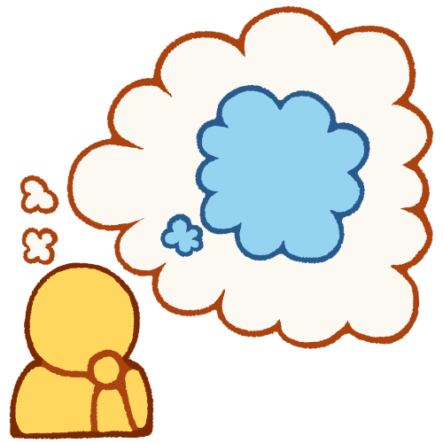 A drawing of an emoji yellow person with their hand on their chin. They are thinking a large white thought bubble, which contains a smaller light blue thought bubble.